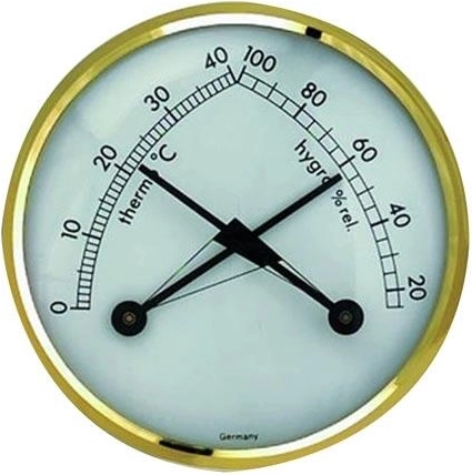 Fém hőmérő és páramérő sárgaréz gyűrűvel, 7 cm átmérő, falra szerelhető