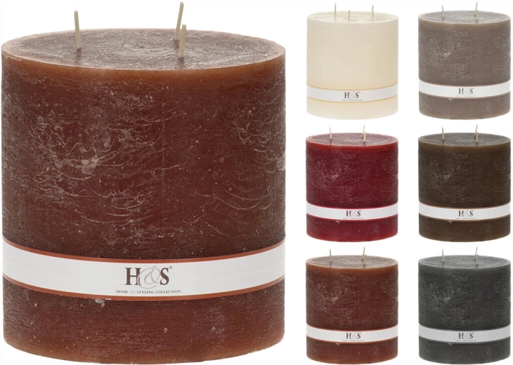 Rusztikus henger gyertya 14 × 14 cm, 3 kanóccal – színmix