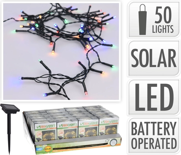 Napelemes fényfüzér 2 m, 50 LED, színes, zöld vezeték