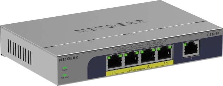 Netgear menedzselés nélküli 5 portos gigabites switch PoE+ támogatással
