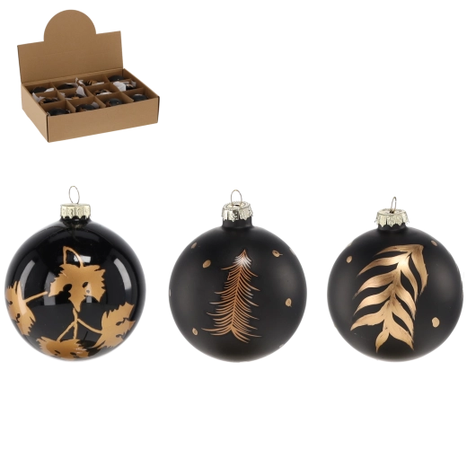 Üveg karácsonyi gömbök 8 cm – fekete, dekorral, 12 darabos szett