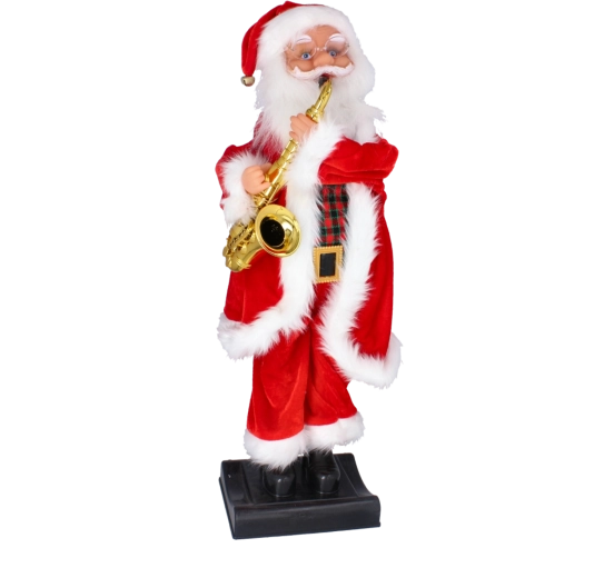 Zenélő karácsonyi Mikulás figura szaxofonnal 81 cm – 1 db