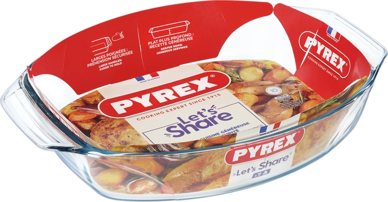 Ovális PYREX sütőtál 38 × 27 cm, boroszilikát üvegből