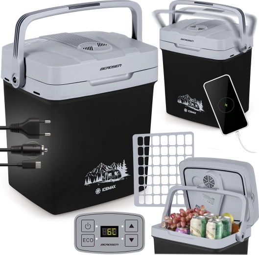 Hordozható elektromos autóhűtő 26 l ECO üzemmóddal – fekete