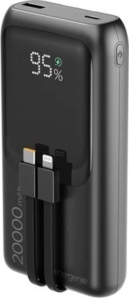 20 000 mAh-s powerbank beépített kábelekkel, PD 20 W-tal és LCD kijelzővel, fekete