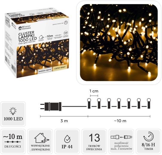 Cluster LED fényfüzér, 1000 LED, meleg fehér, 10 m