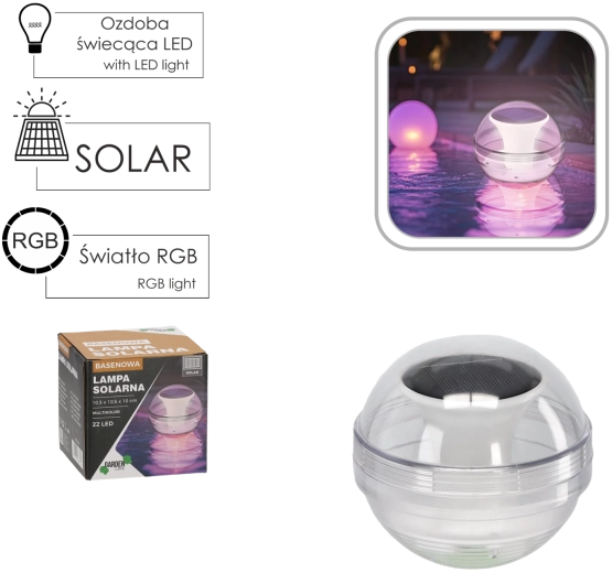 Napelemes lebegő LED medencelámpa 10,5 cm, 22 LED, többszínű