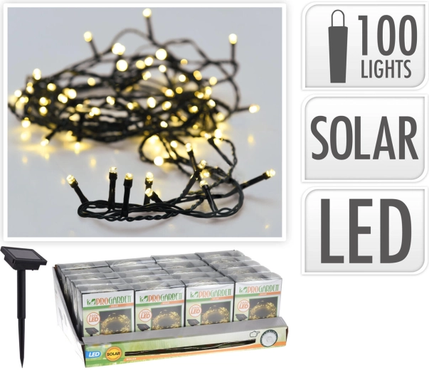 Napelemes karácsonyi LED fénylánc 2 m, 100 LED, meleg fehér, zöld vezeték