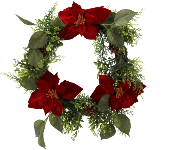 Műanyag karácsonyi koszorú mikulásvirággal, 40 cm