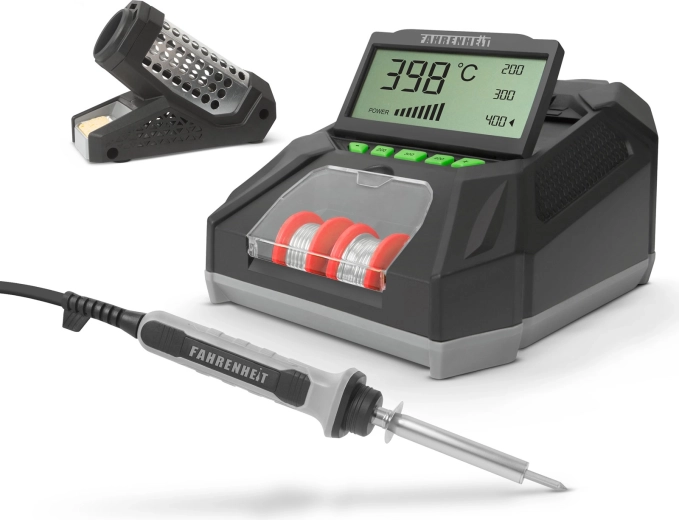 Fahrenheit digitális forrasztóállomás LCD-kijelzővel, forrasztópákával, forrasztóónnal és szivaccsal