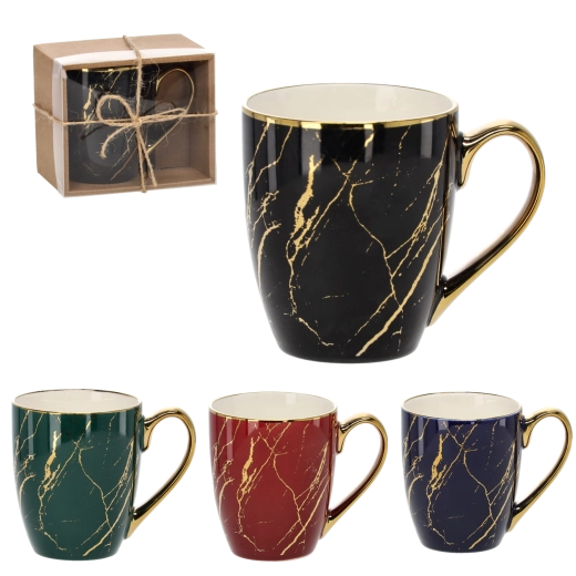 400 ml-es porcelán bögre márványmintával és arany füllel, díszdobozban