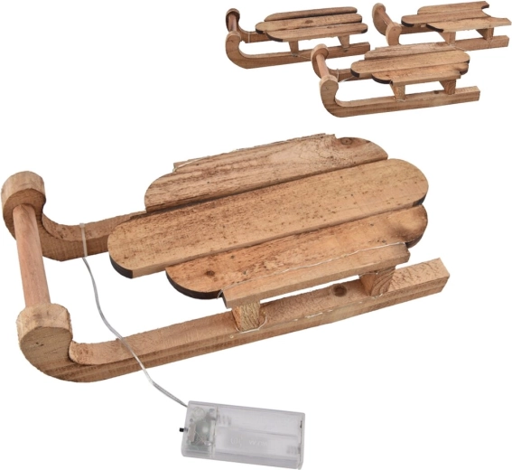 Fa dekorációs szánkó integrált LED-világítással, barna 30 × 13 × 8 cm (3 változat)