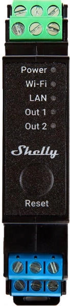 Shelly Pro 2PM kétcsatornás relé DIN sínre WiFi/LAN-nal és teljesítményméréssel