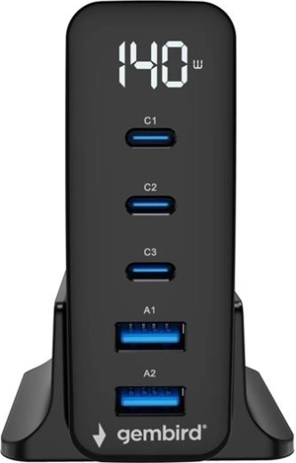 Univerzális 140 W-os GaN töltő LCD kijelzővel, 3× USB-C és 2× USB-A, fekete