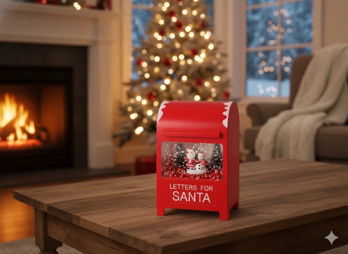 Karácsonyi postaláda LED zeneszerkezettel, piros, 15 × 12 × 23 cm