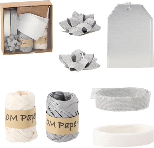 Karácsonyi ajándékcsomagoló készlet – ezüst és fehér, 11 darab