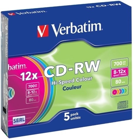 Verbatim CD-RW Colour 700 MB 12x Slim Case tokban – 5 db