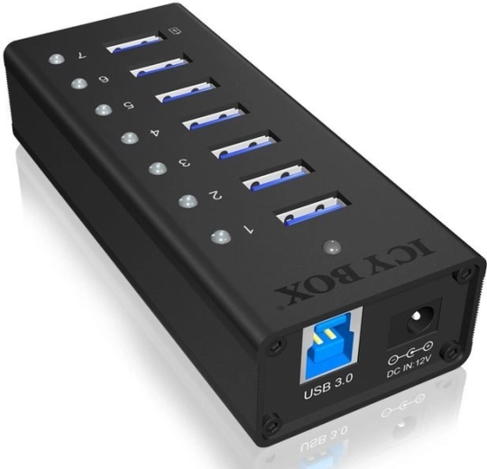 aktív 7 portos USB 3.0 hub töltőporttal, ICY BOX