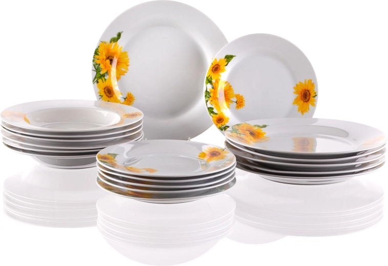 SUNNY napraforgómintás porcelán étkészlet, 18 részes, fehér