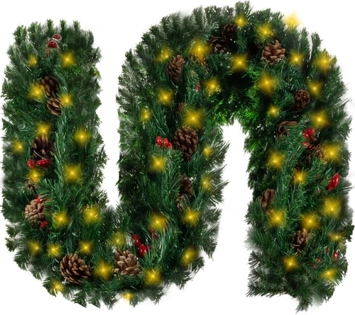 Karácsonyi girland 270 cm meleg LED fényekkel és természetes díszekkel