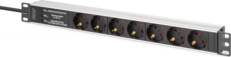 19"-os rack PDU túlfeszültség-védelemmel és EMI/RFI szűrővel, 7 Schuko aljzat, 2 m kábel, CEE 7/7 dugó, 16 A
