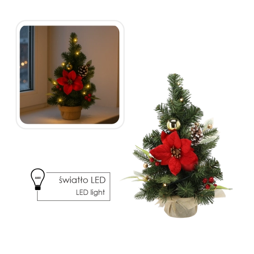 40 cm-es asztali karácsonyfa meleg LED-ekkel, piros–arany