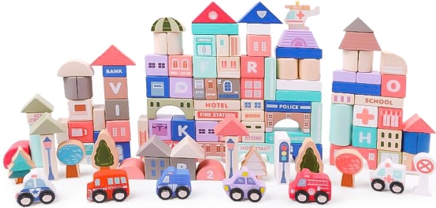 Fából készült oktató kockák városi alátéttel 115 db ECOTOYS