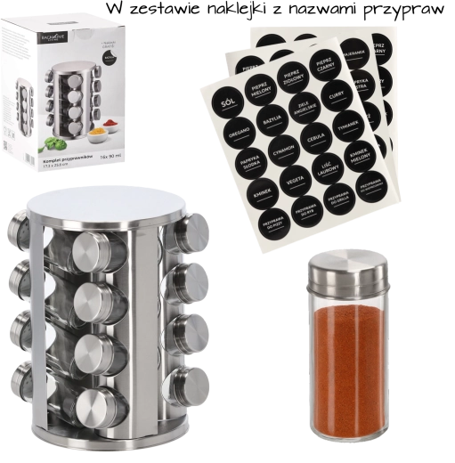 Forgó, kerek fűszertartó állvány rozsdamentes acélból 16 üveg fűszertartóval