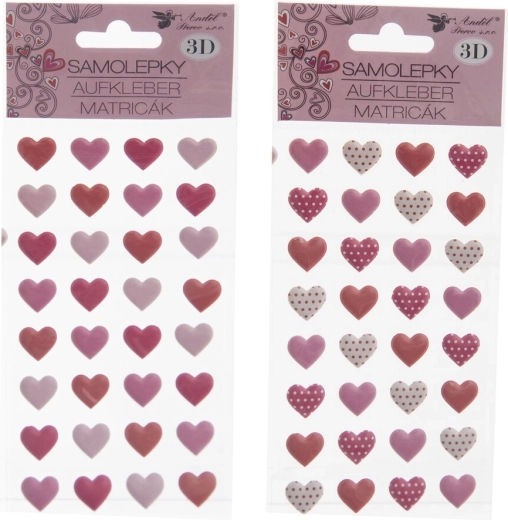 3D szív matricák – 32 db, 10 × 22 cm-es lapon (2 változat)