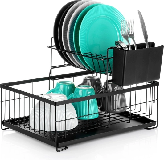 Kétszintes fém edényszárító, fekete 42 × 28 × 28 cm