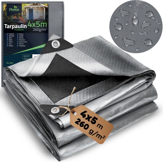 HDPE ponyva 400 × 500 cm, 260 g/m², ezüst–fekete