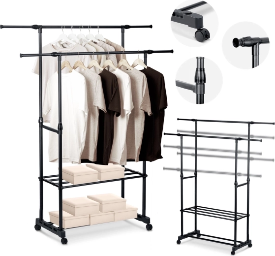 Massido álló ruhafogas, fekete, kerekekkel és polcokkal