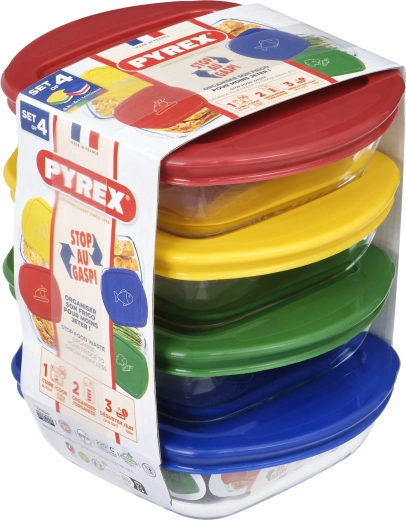 PYREX négyszögletes üveg ételtároló doboz készlet 0,3 l, 4 db