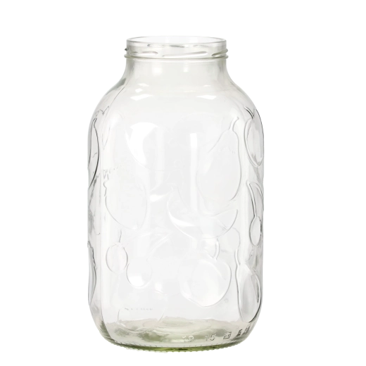 5 l-es üveg befőttesüveg gyümölcsmotívummal, 100 mm széles szájjal