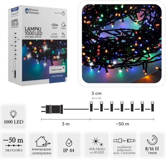 Karácsonyi LED fényfüzér 1000 diódával, multicolor, hideg fehér flash effekttel, 50 m (3 m tápkábel) - 1 db