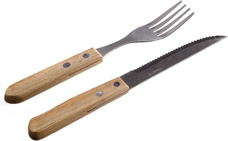 PARTY steak evőeszköz készlet rozsdamentes acélból világos fa nyéllel (6+6 db)