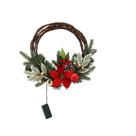 Függesztett karácsonyi vesszőkoszorú LED-del, 30 cm, piros–arany