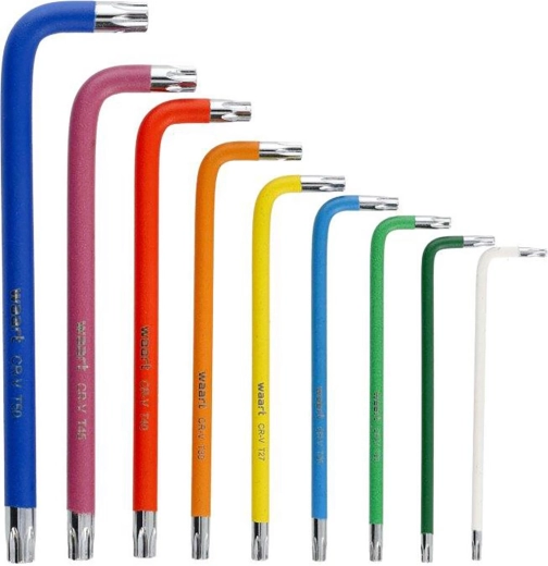 Színes, hosszított TORX kulcskészlet T10–T50 központi furattal és mágneses heggyel, 9 darab