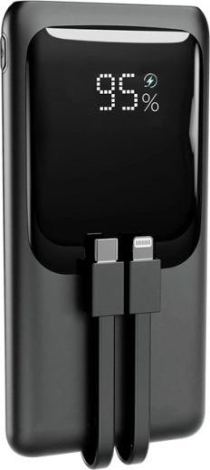 10 000 mAh-s powerbank beépített kábelekkel, LCD kijelzővel és 20 W-os gyorstöltéssel, fekete