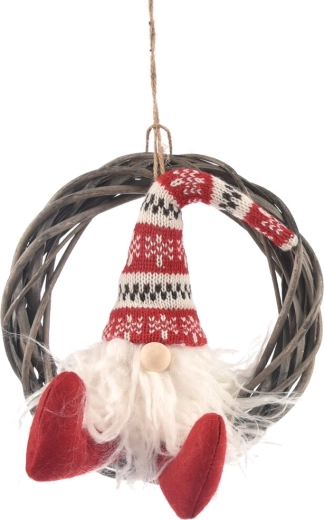 Karácsonyi akasztható vesszőkoszorú manóval 28 cm