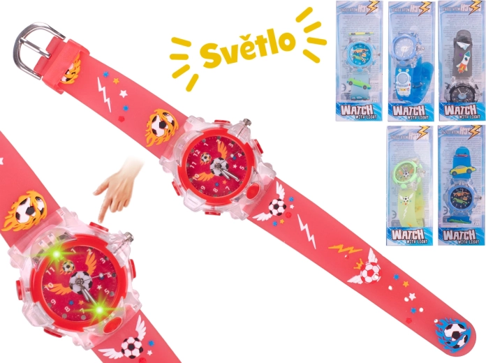 Fiú analóg karóra fénnyel – űr, autók és foci