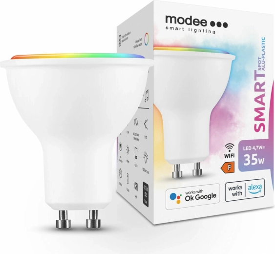 Okos LED izzó GU10 4,7 W, színes és fehér, szabályozható fényerő – Modee Tuya Wi‑Fi