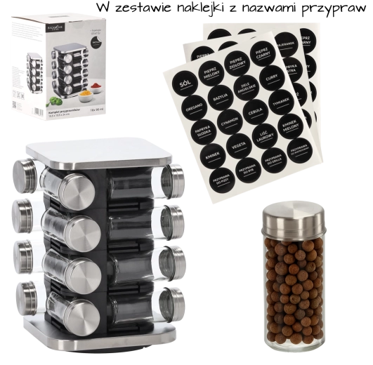 Négyszögletes, forgatható fűszertartó állvány 15,5 × 15,5 × 24 cm, 16 üveg fűszertartóval, fekete–ezüst
