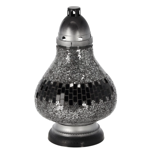 Üveg temetői mécstartó, ólomüveg hatású karafaalak, ezüstszínű, 34 cm, égési idő akár 50 óra