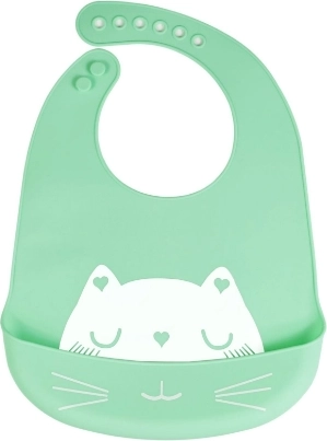 Szilikon előke zsebbel gyerekeknek - zöld, macska