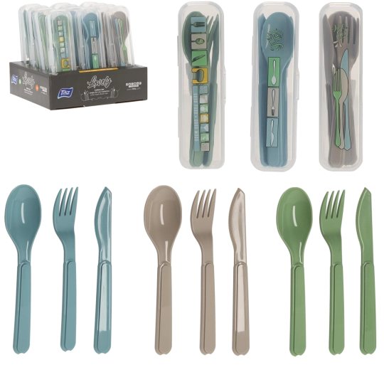 Műanyag utazó evőeszköz tokban – kanál, villa és kés, kék