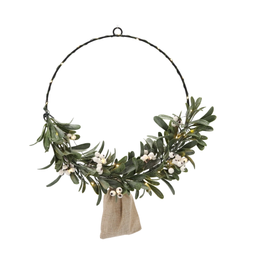 40 cm-es karácsonyi koszorú fagyönggyel és LED világítással