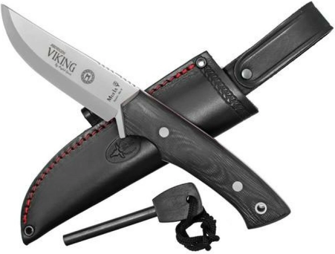 Muela Viking M11M univerzális kés 11 cm CRIO-T technológiával, fekete Micarta, bőrtok és tűzgyújtó