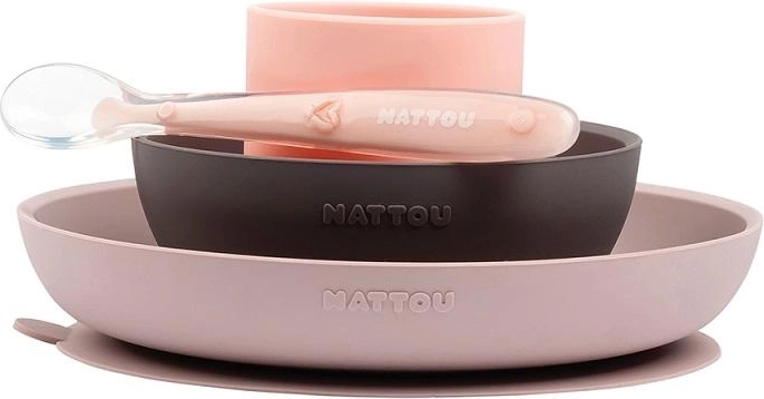 Nattou szilikon étkészlet 4 db, rózsaszín‑lila, BPA‑mentes