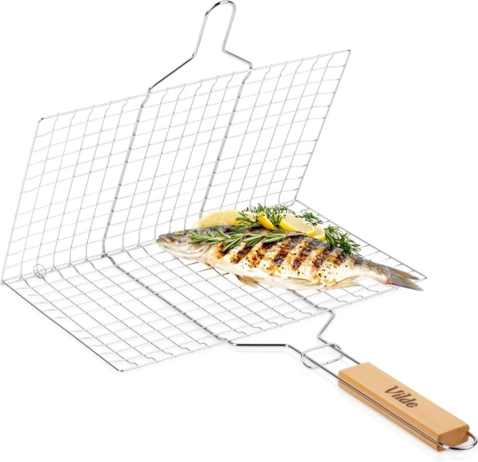 Vilde fém grillkosár 34 × 22 cm fa nyéllel